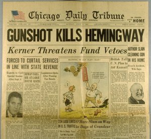 Newspaper report of Hemingway's death